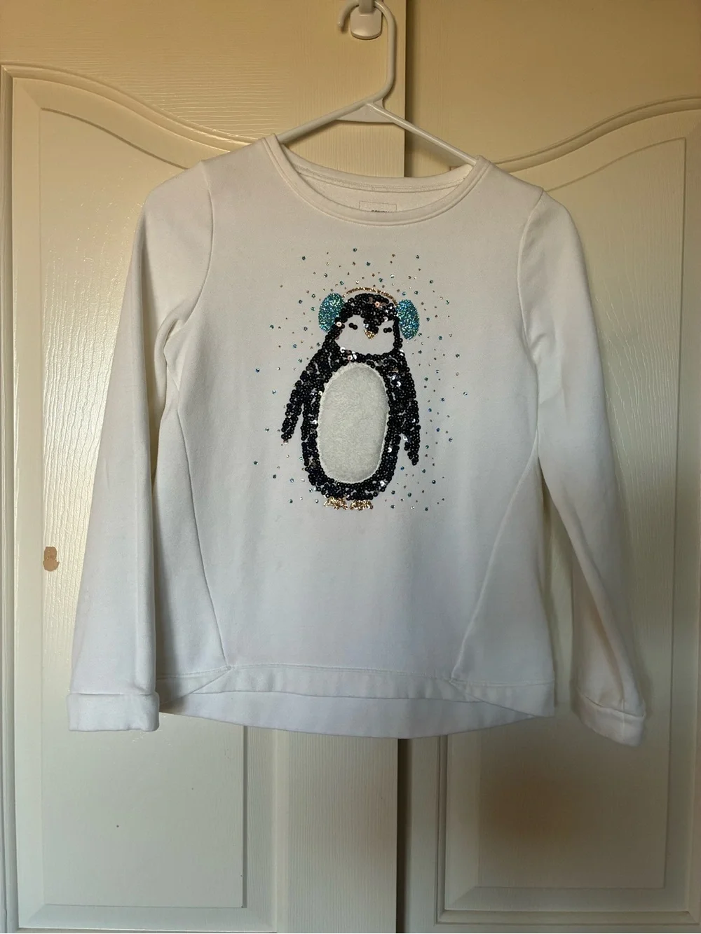 Sonoma Girl's White Winter Penguin Sequin Sweater Pullover Fleece Cotton Size 12